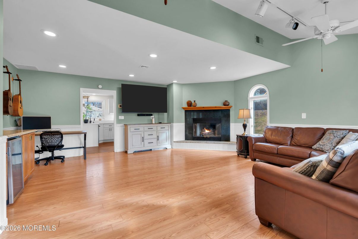 Fireplace, Home Office, Interior, Living room, Recessed Lighting, Wood Texture Flooring