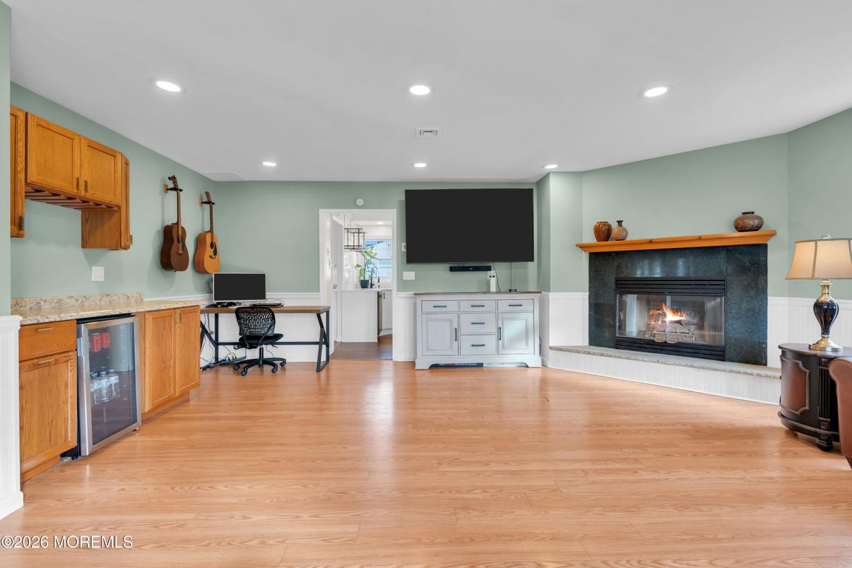 Fireplace, Home Office, Interior, Recessed Lighting, Wood Texture Flooring