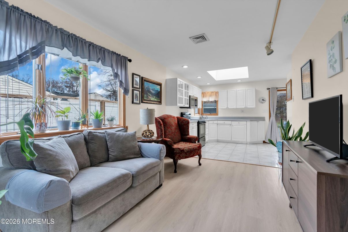 Interior, Kitchen, Living room, Recessed Lighting, Stainless Steel Appliances, Wood Texture Flooring