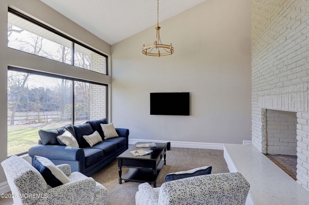 Fireplace, Interior, Living room, Pendant Lights, Stone Walls