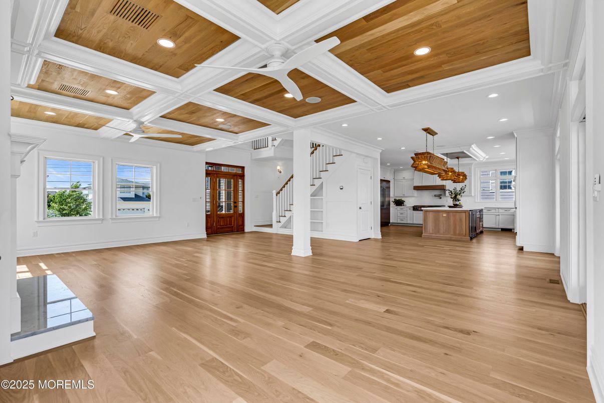 Empty room, Interior, Kitchen, Pendant Lights, Recessed Lighting, Wooden Ceilings, Wood Texture Flooring