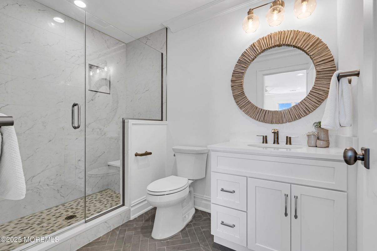 Bathroom, Glass Shower, Interior, Marble Walls, Recessed Lighting