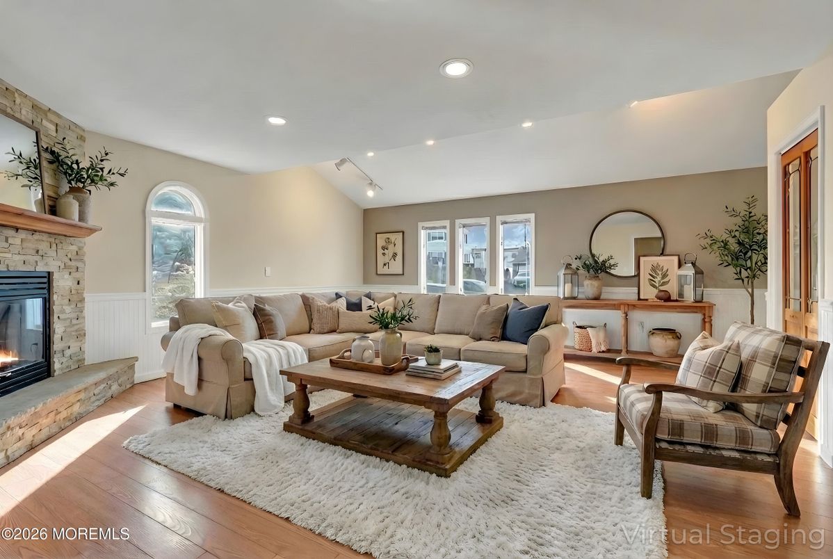 Fireplace, Interior, Living room, Recessed Lighting, Wood Texture Flooring