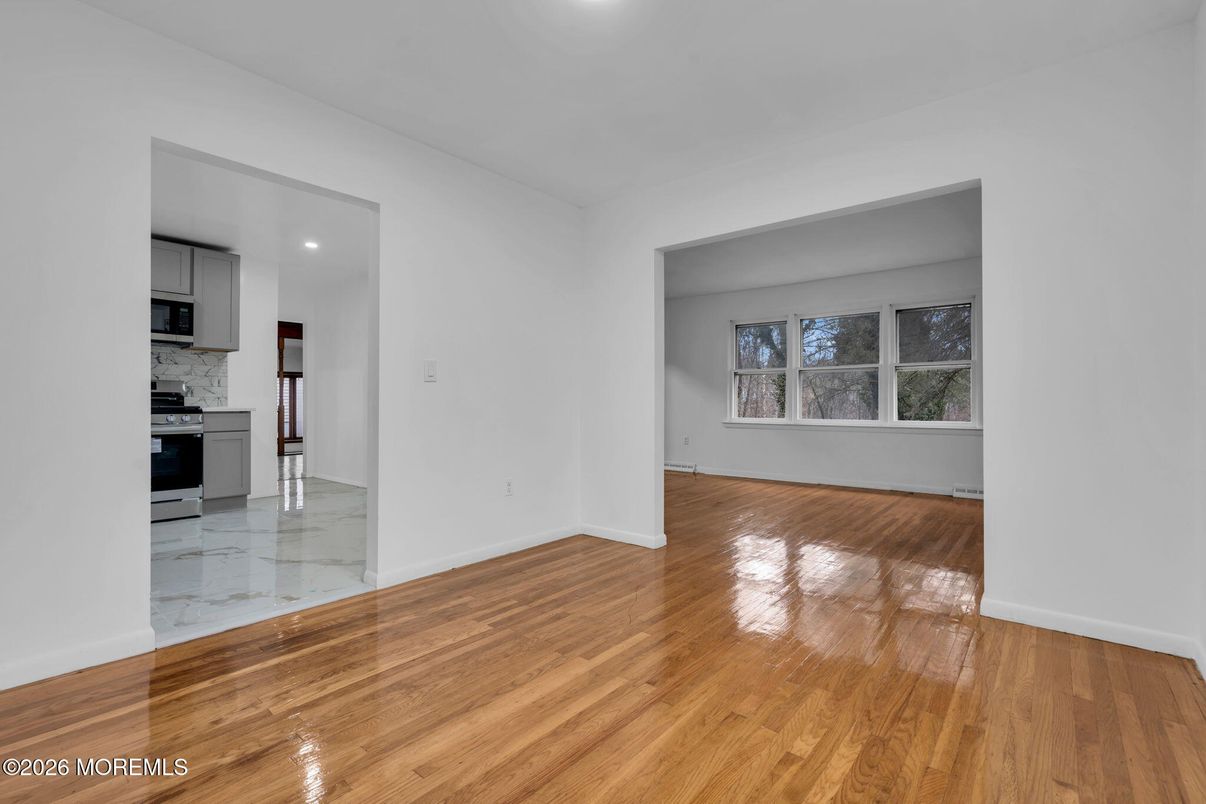 Empty room, Interior, Kitchen, Marble, Recessed Lighting, Wood Texture Flooring