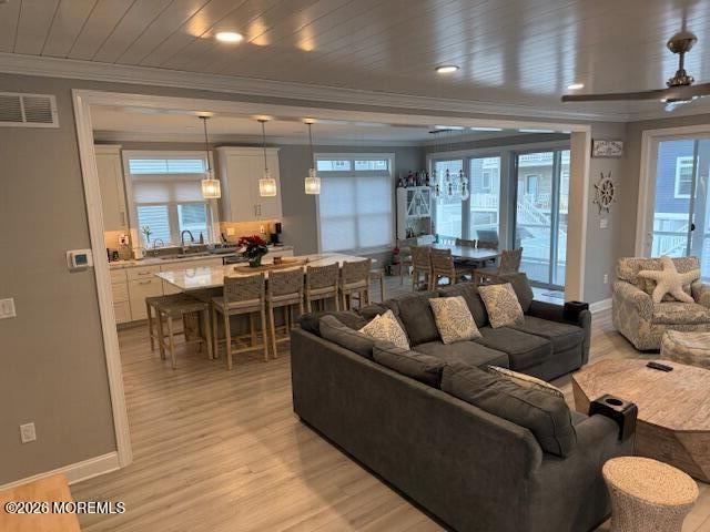 Dining room, Interior, Living room, Pendant Lights, Recessed Lighting, Water, Wood Texture Flooring