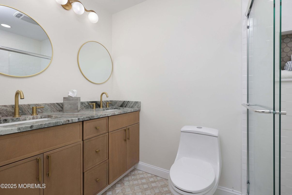 Bathroom, Dual Sink Vanities, Glass Shower, Interior, Recessed Lighting