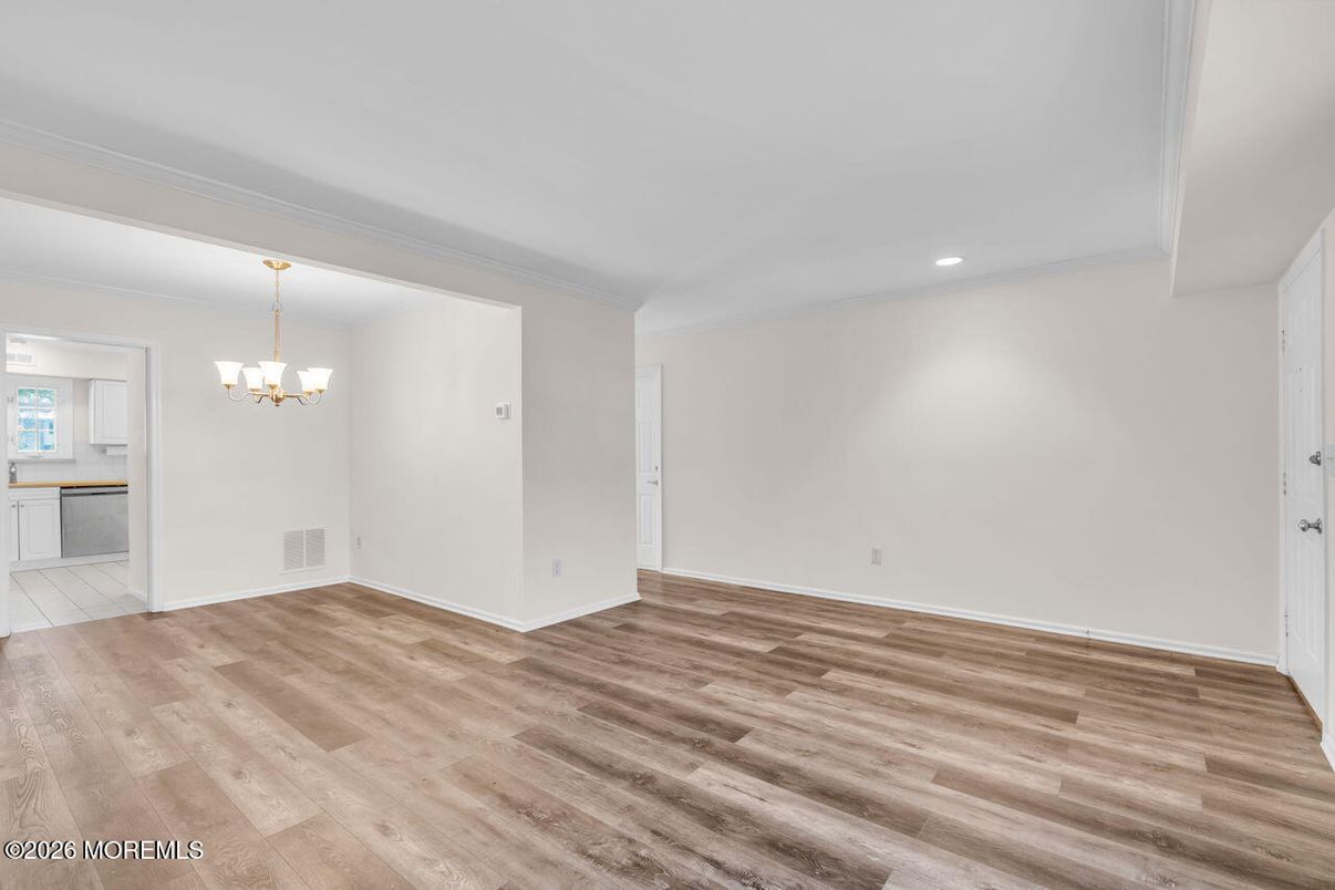 Chandelier, Empty room, Interior, Recessed Lighting, Wood Texture Flooring