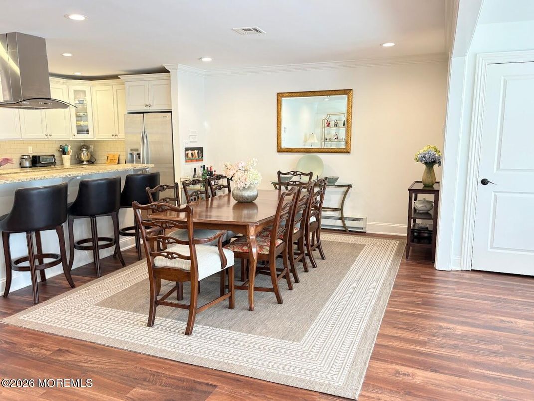 Dining room, Interior, Kitchen, Recessed Lighting, Stainless Steel Appliances, Wood Texture Flooring