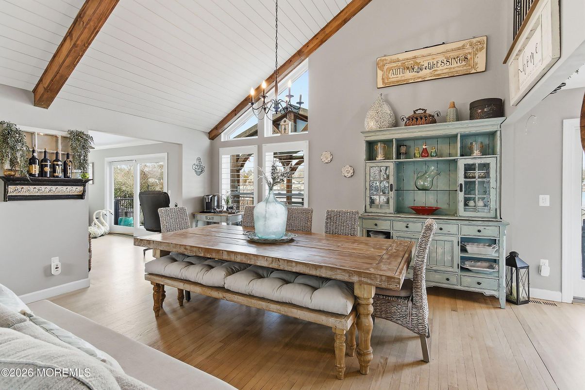 Dining room, Interior, Pendant Lights, Wooden Beams, Wood Texture Flooring