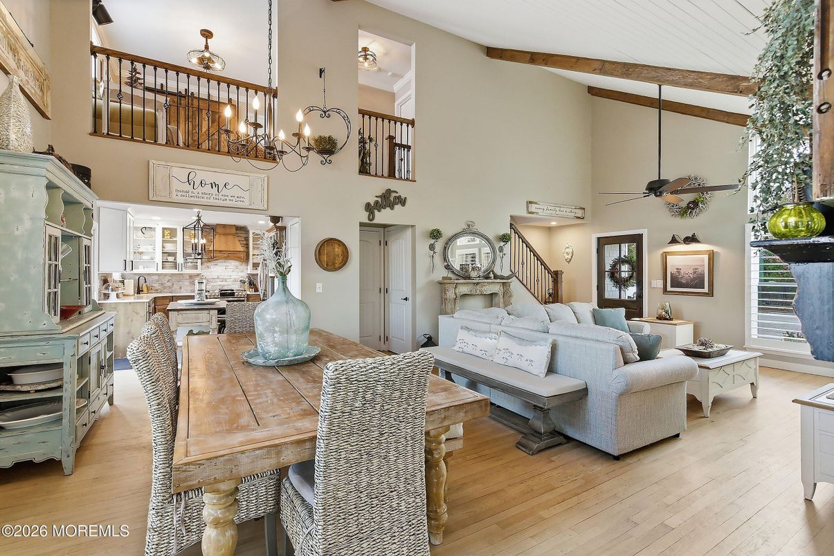 Chandelier, Dining room, Interior, Wooden Beams, Wood Texture Flooring