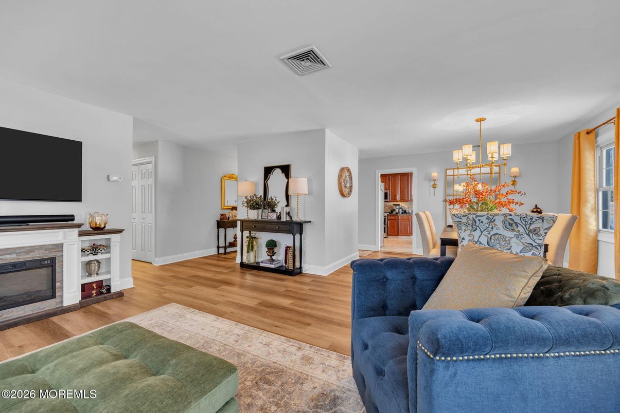 Chandelier, Dining room, Fireplace, Interior, Living room, Wood Texture Flooring