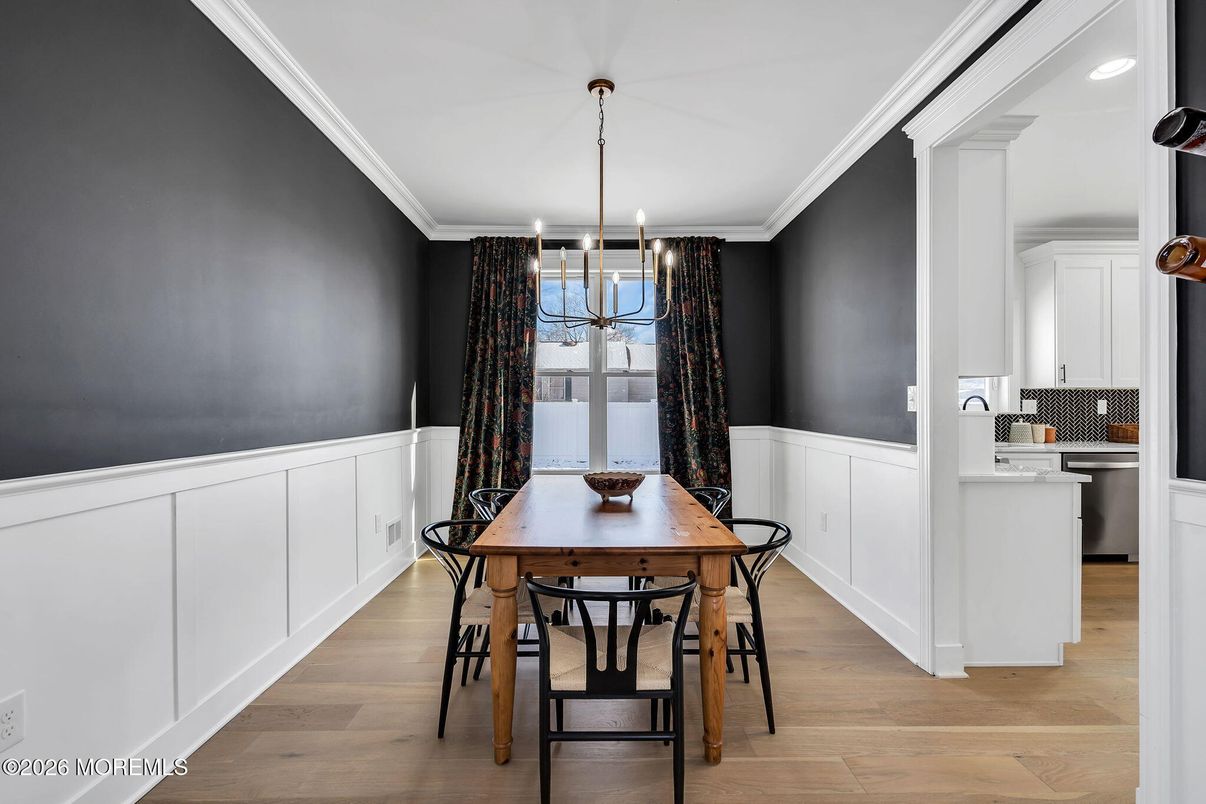 Dining room, Interior, Kitchen, Pendant Lights, Wood Texture Flooring