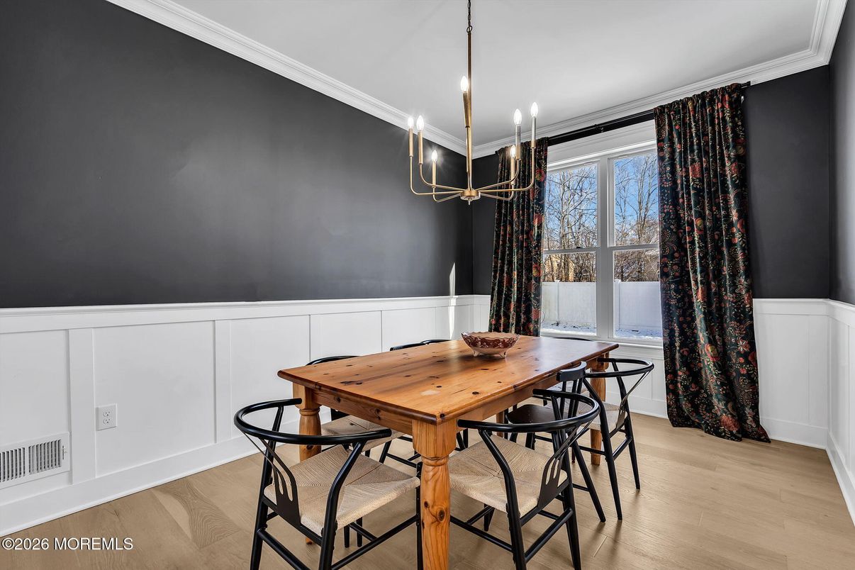 Dining room, Interior, Pendant Lights, Recessed Lighting, Wood Texture Flooring