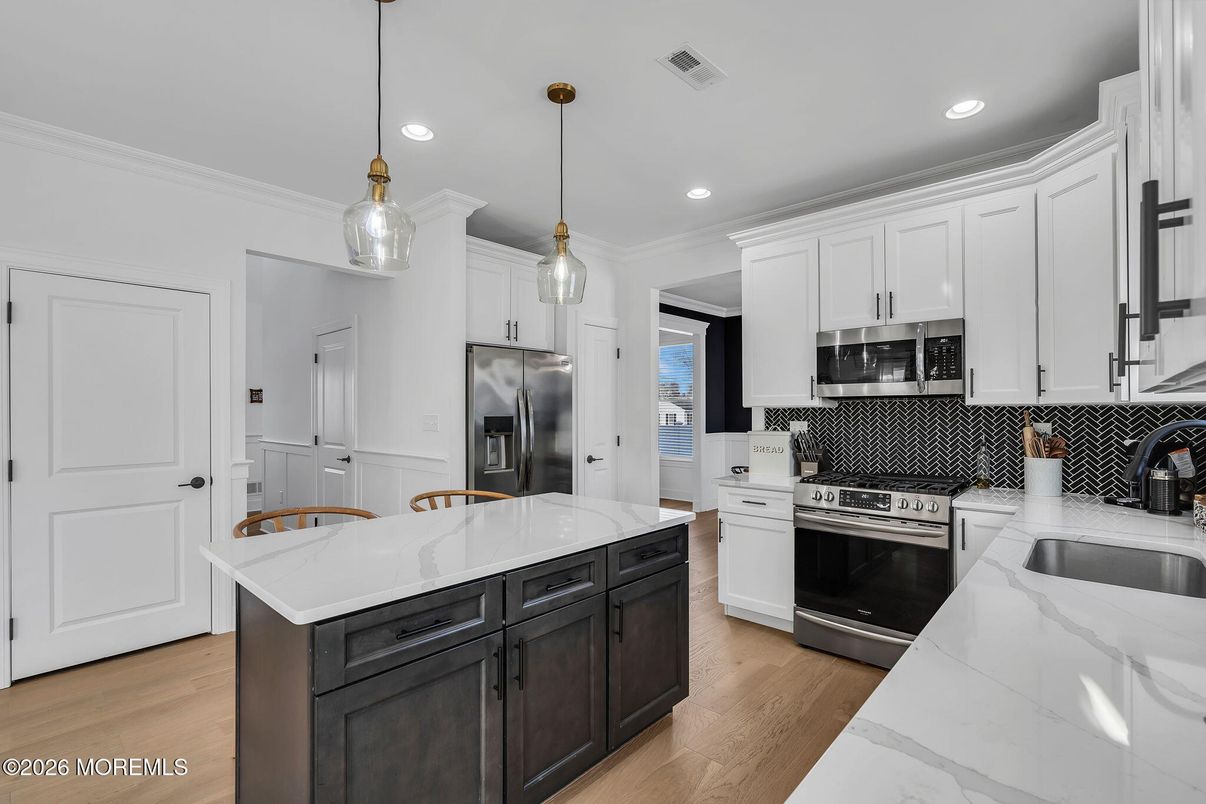 Interior, Kitchen, Pendant Lights, Recessed Lighting, Stainless Steel Appliances, Wood Texture Flooring
