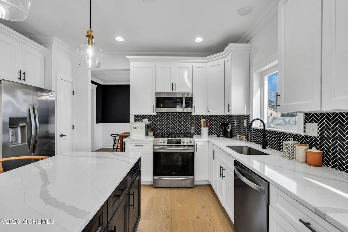 Interior, Kitchen, Pendant Lights, Recessed Lighting, Stainless Steel Appliances, Wood Texture Flooring