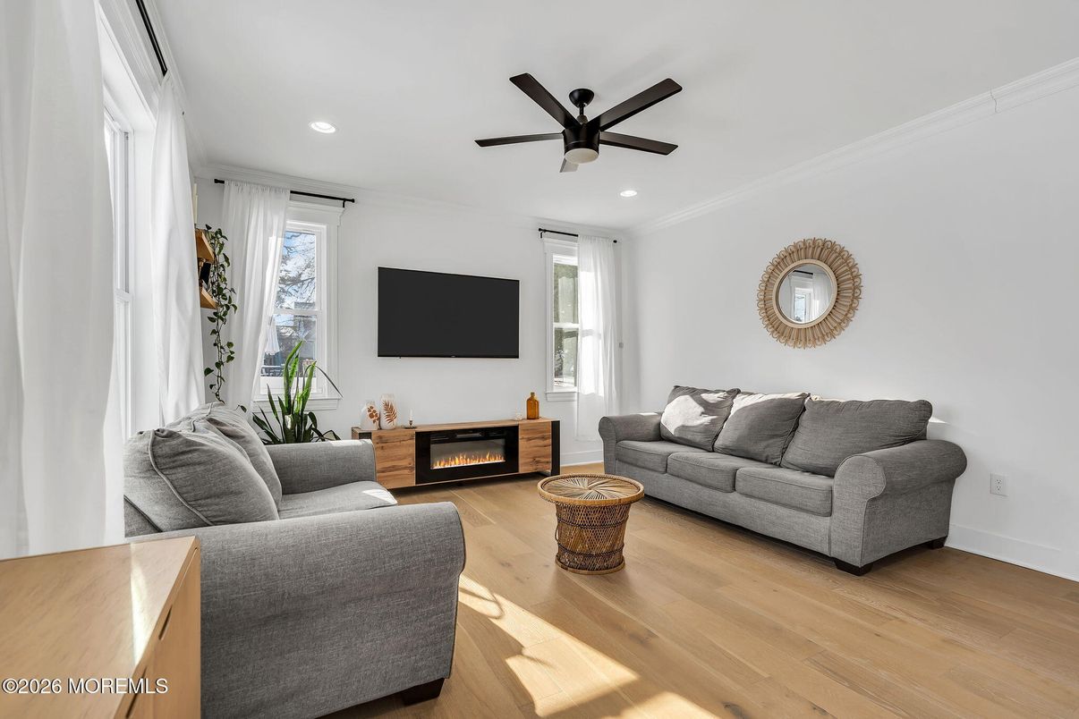 Fireplace, Interior, Living room, Recessed Lighting, Wood Texture Flooring