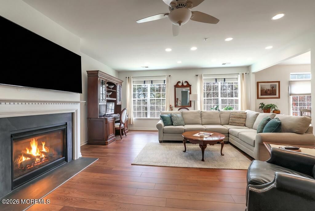 Fireplace, Interior, Living room, Recessed Lighting, Wood Texture Flooring