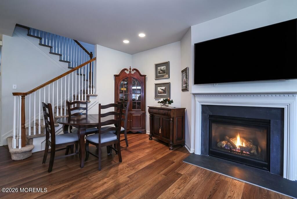 Dining room, Fireplace, Interior, Recessed Lighting, Wood Texture Flooring