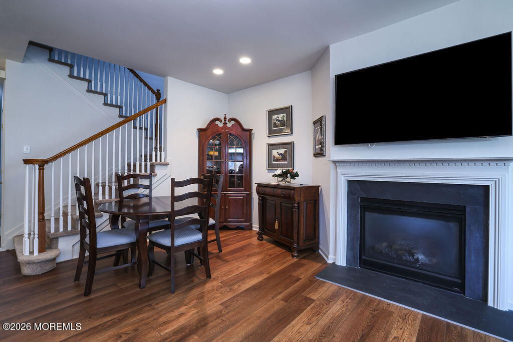 Dining room, Fireplace, Interior, Recessed Lighting, Wood Texture Flooring