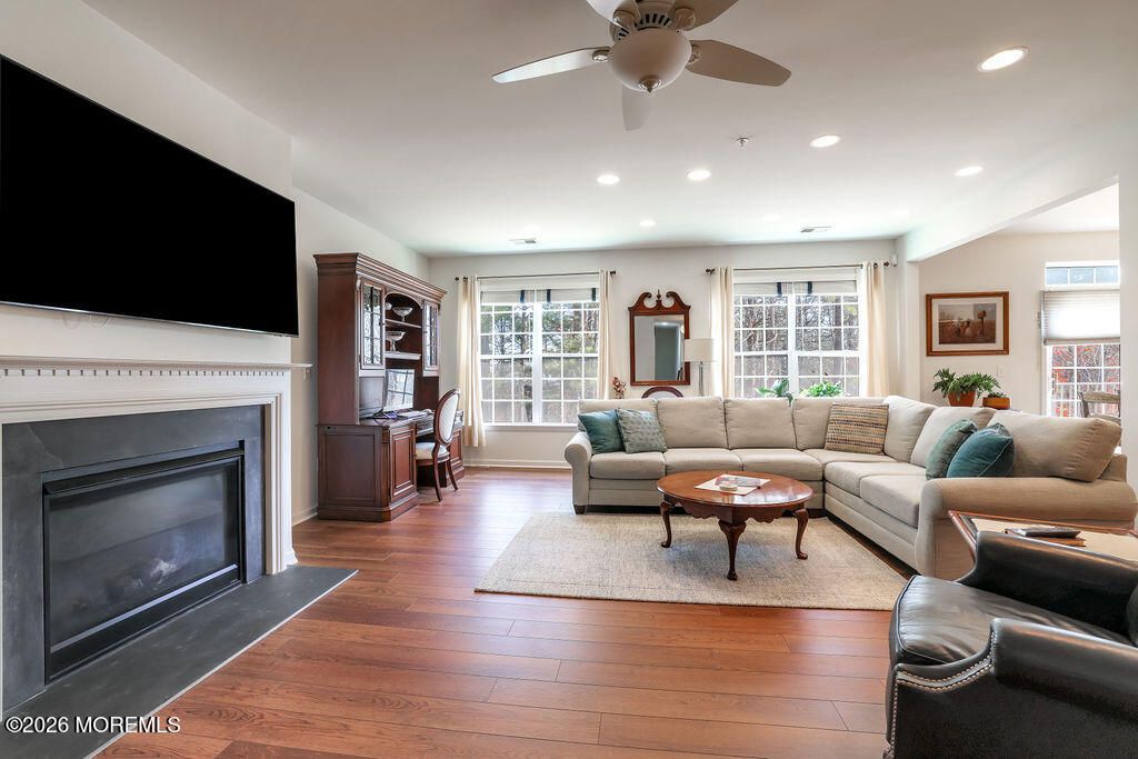 Fireplace, Interior, Living room, Recessed Lighting, Wood Texture Flooring