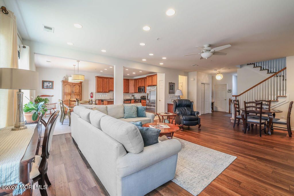 Dining room, Interior, Kitchen, Living room, Pendant Lights, Recessed Lighting, Stainless Steel Appliances, Wood Texture Flooring