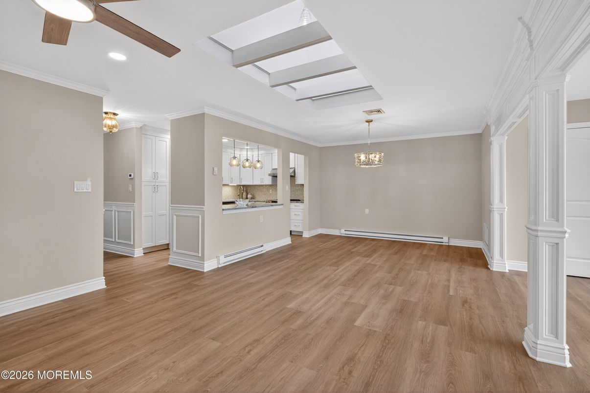 Chandelier, Empty room, Interior, Recessed Lighting, Wood Texture Flooring