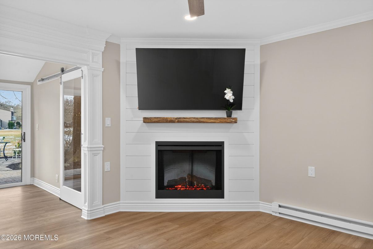 Fireplace, Interior, Recessed Lighting, Wood Texture Flooring
