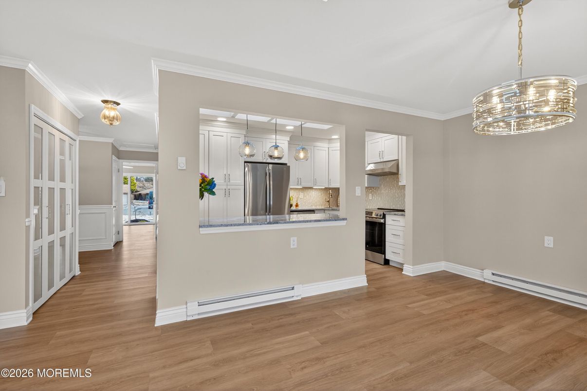 Interior, Kitchen, Pendant Lights, Stainless Steel Appliances, Wood Texture Flooring