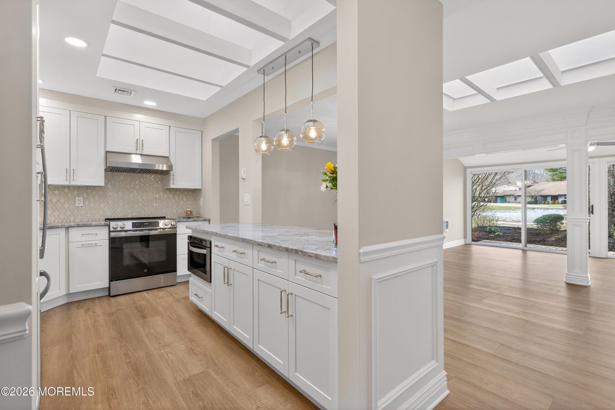 Interior, Kitchen, Pendant Lights, Recessed Lighting, Stainless Steel Appliances, Wood Texture Flooring