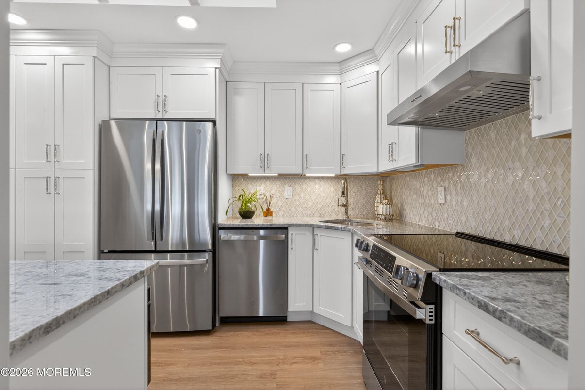 Interior, Kitchen, Recessed Lighting, Stainless Steel Appliances, Wood Texture Flooring