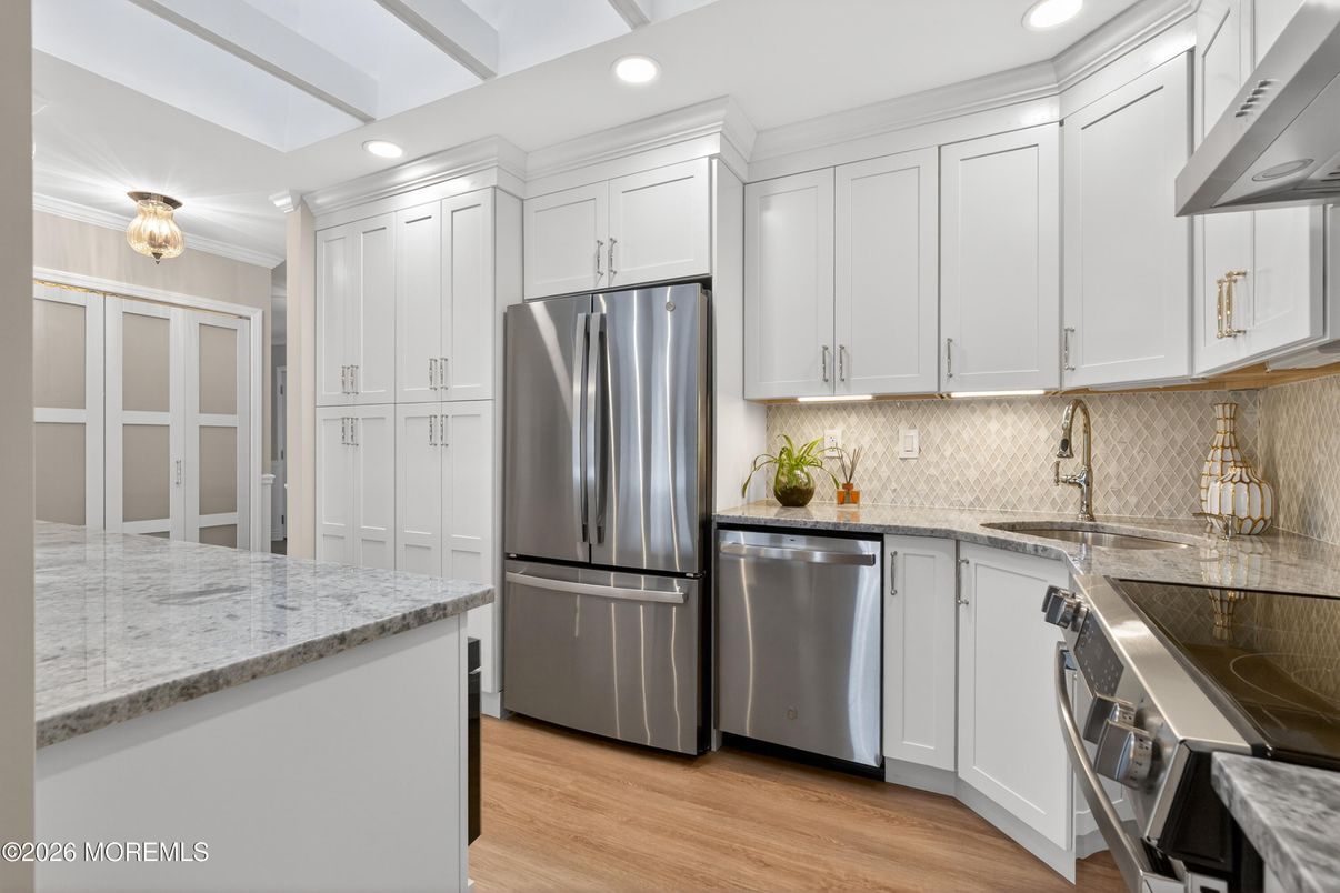 Interior, Kitchen, Recessed Lighting, Stainless Steel Appliances, Wood Texture Flooring