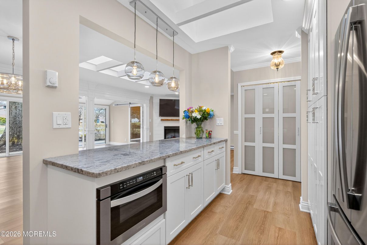 Interior, Kitchen, Pendant Lights, Stainless Steel Appliances, Wood Texture Flooring