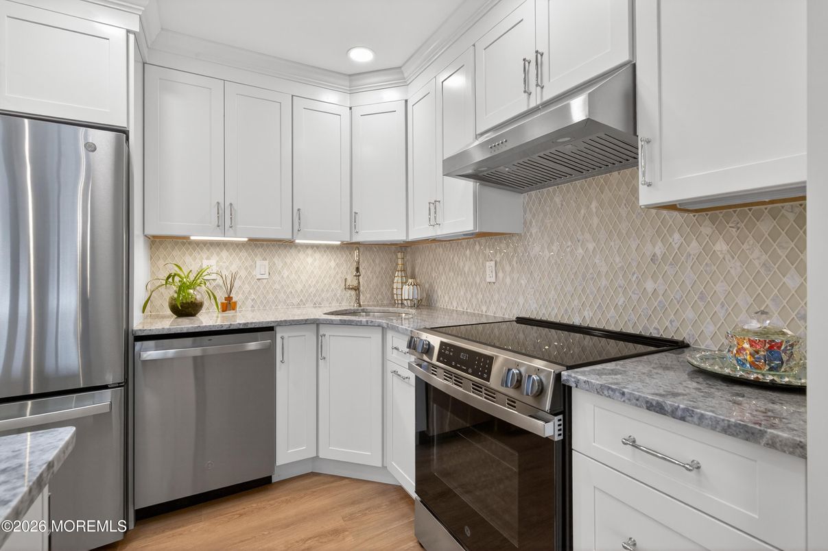 Interior, Kitchen, Recessed Lighting, Stainless Steel Appliances, Wood Texture Flooring