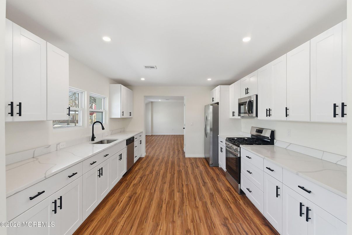 Interior, Kitchen, Recessed Lighting, Stainless Steel Appliances, Wood Texture Flooring