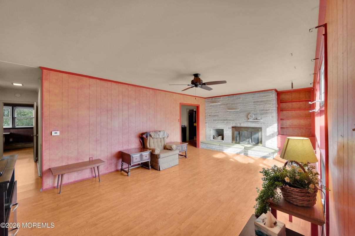 Fireplace, Interior, Recessed Lighting, Stone Walls, Wood Texture Flooring