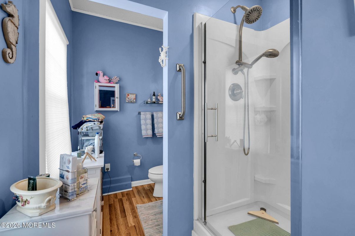 Bathroom, Glass Shower, Interior, Wood Texture Flooring