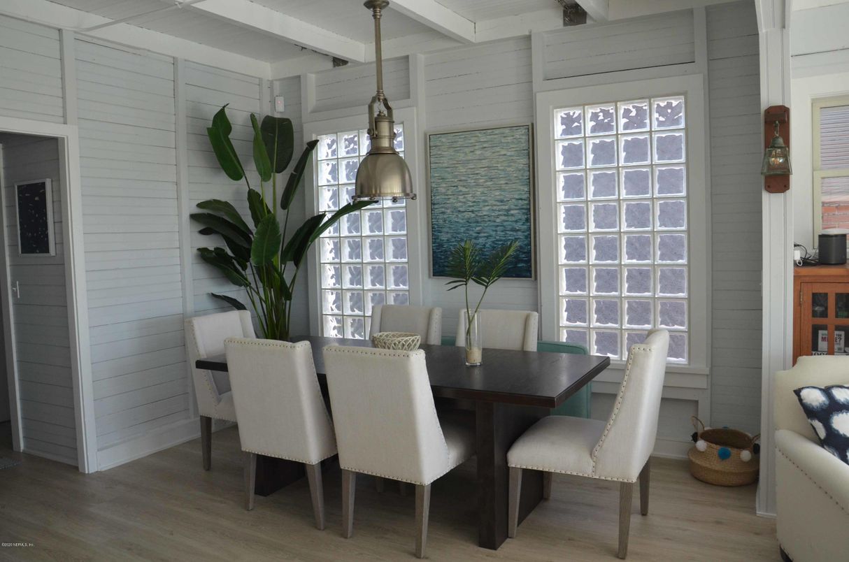 Dining room, Interior, Pendant Lights, Wood Texture Flooring