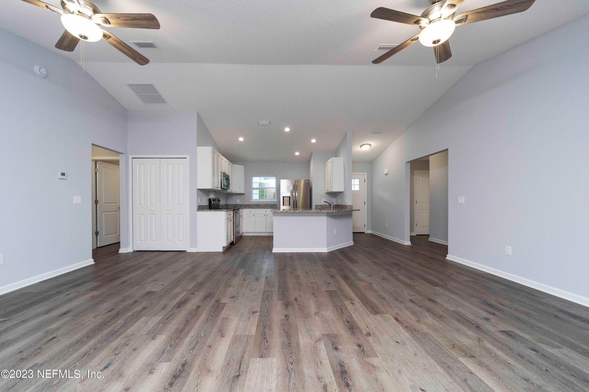 Empty room, Interior, Kitchen, Recessed Lighting, Wood Texture Flooring