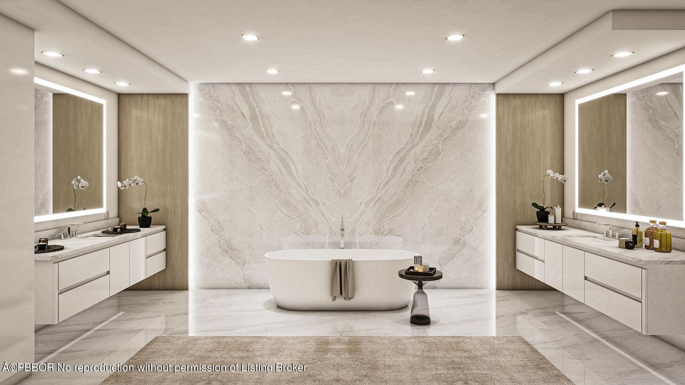 Bathroom, Dual Sink Vanities, Free Standing Baths, Interior, Marble, Marble Walls, Recessed Lighting