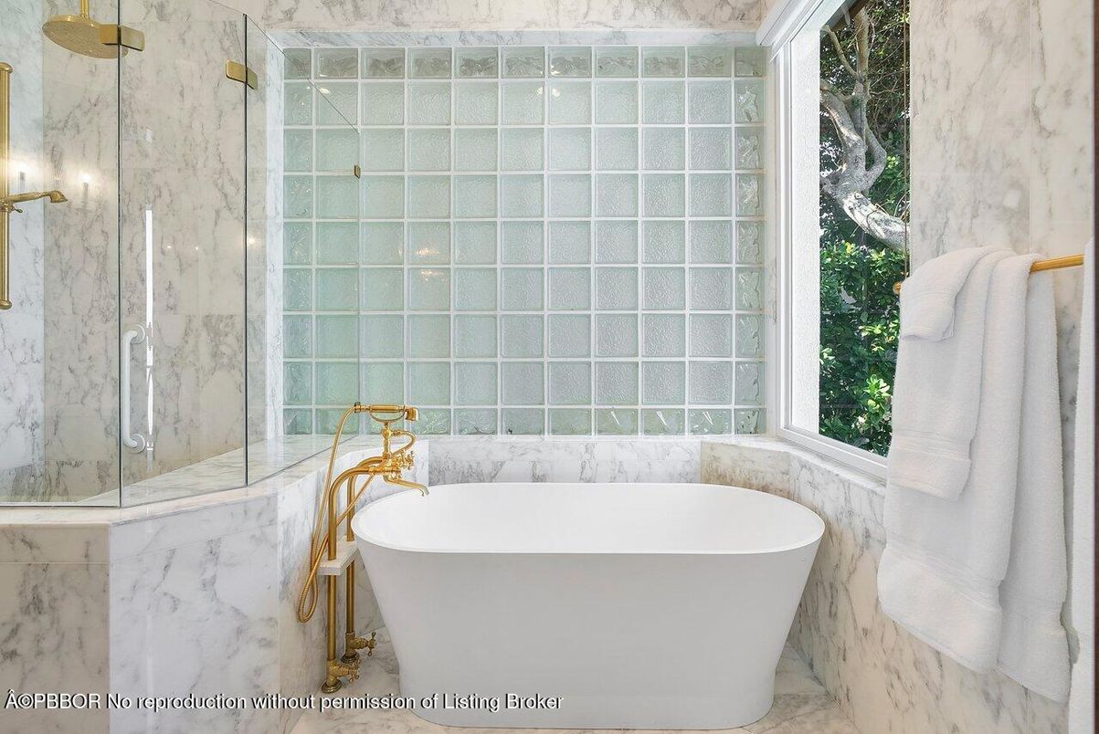 Bathroom, Free Standing Baths, Glass Shower, Interior, Marble, Marble Walls