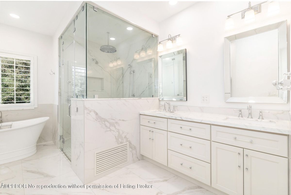 Bathroom, Dual Sink Vanities, Free Standing Baths, Glass Shower, Interior, Marble, Marble Walls, Recessed Lighting