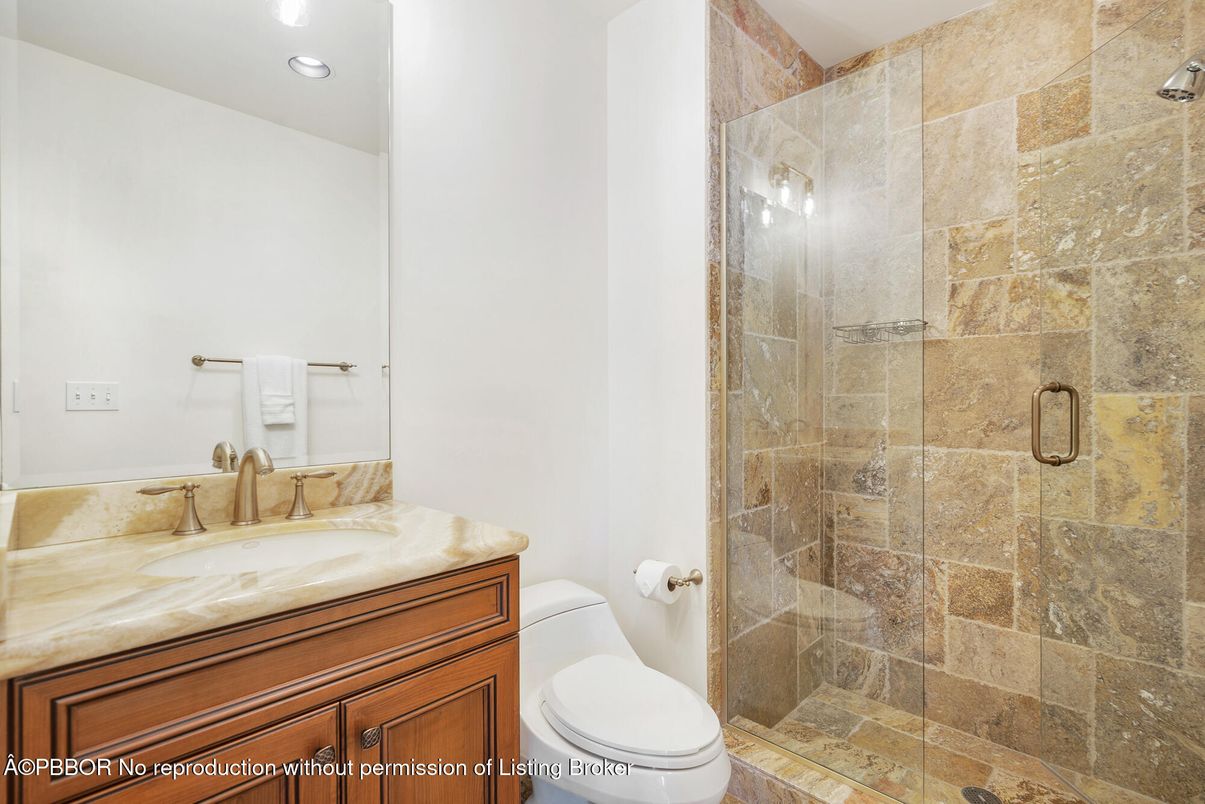 Bathroom, Glass Shower, Interior, Recessed Lighting, Stone Walls