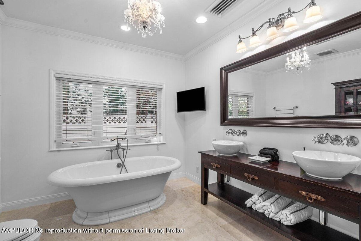 Bathroom, Chandelier, Dual Sink Vanities, Free Standing Baths, Interior, Recessed Lighting