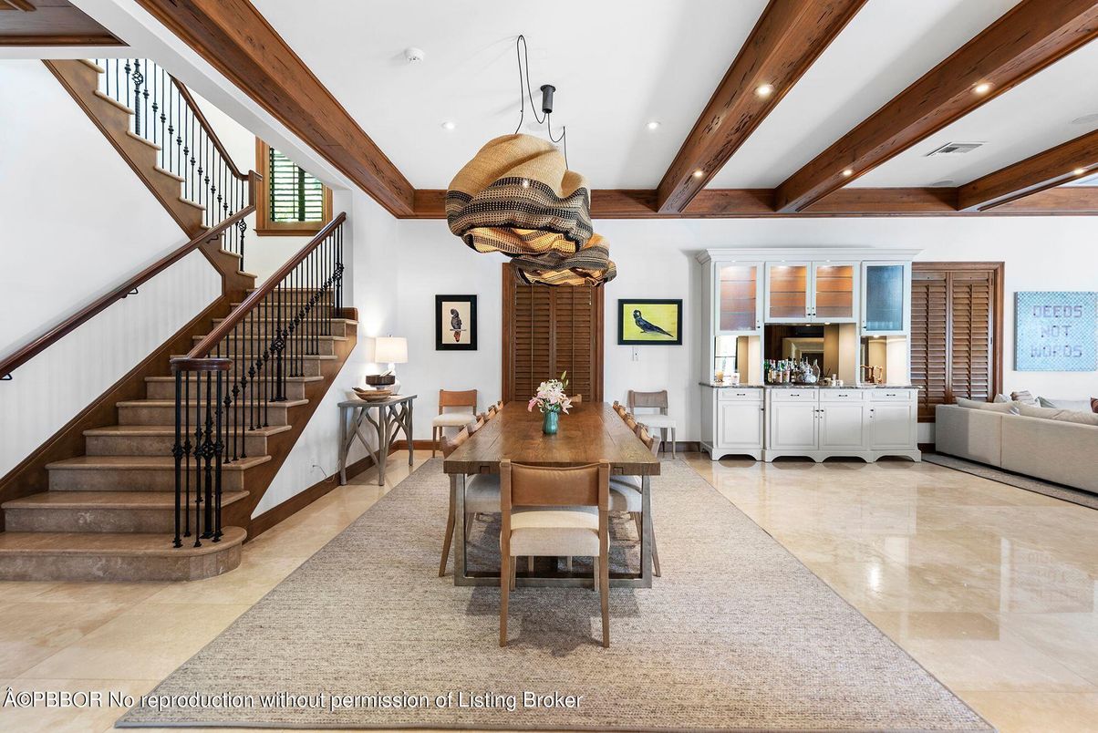 Dining room, Interior, Living room, Pendant Lights, Recessed Lighting, Wooden Beams