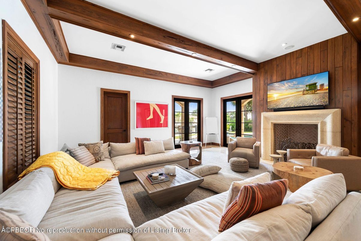 Fireplace, Interior, Living room, Recessed Lighting, Wooden Walls
