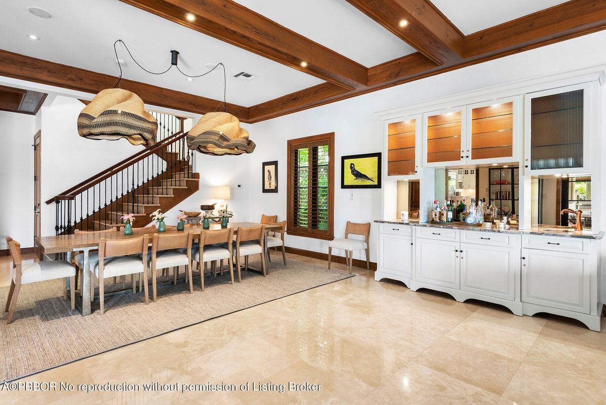 Dining room, Interior, Pendant Lights, Recessed Lighting, Wooden Beams