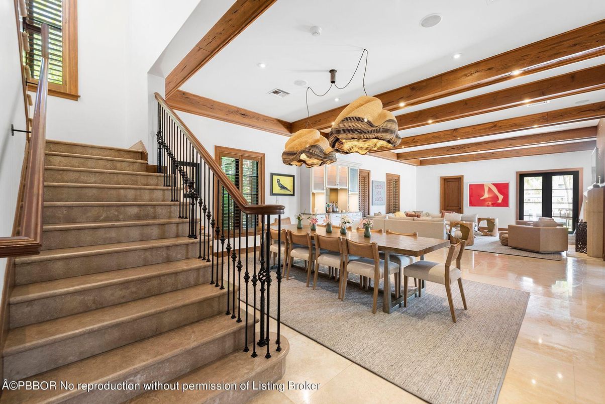 Dining room, Interior, Living room, Pendant Lights, Recessed Lighting, Wooden Beams