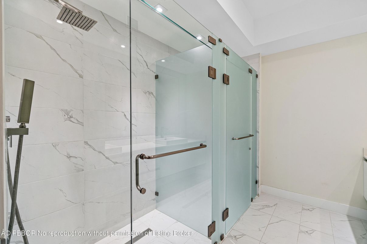 Bathroom, Glass Shower, Interior, Marble, Marble Walls, Recessed Lighting