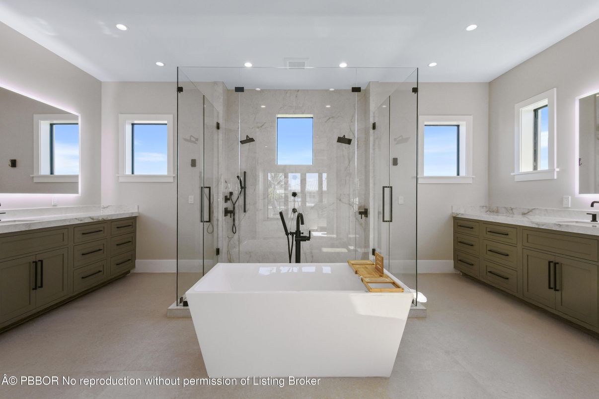 Bathroom, Dual Sink Vanities, Free Standing Baths, Glass Shower, Interior, Marble Walls, Recessed Lighting