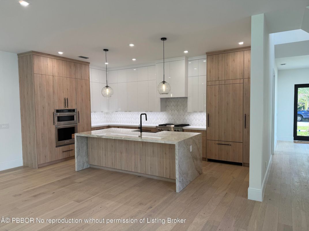 Interior, Kitchen, Pendant Lights, Recessed Lighting, Stainless Steel Appliances, Wood Texture Flooring